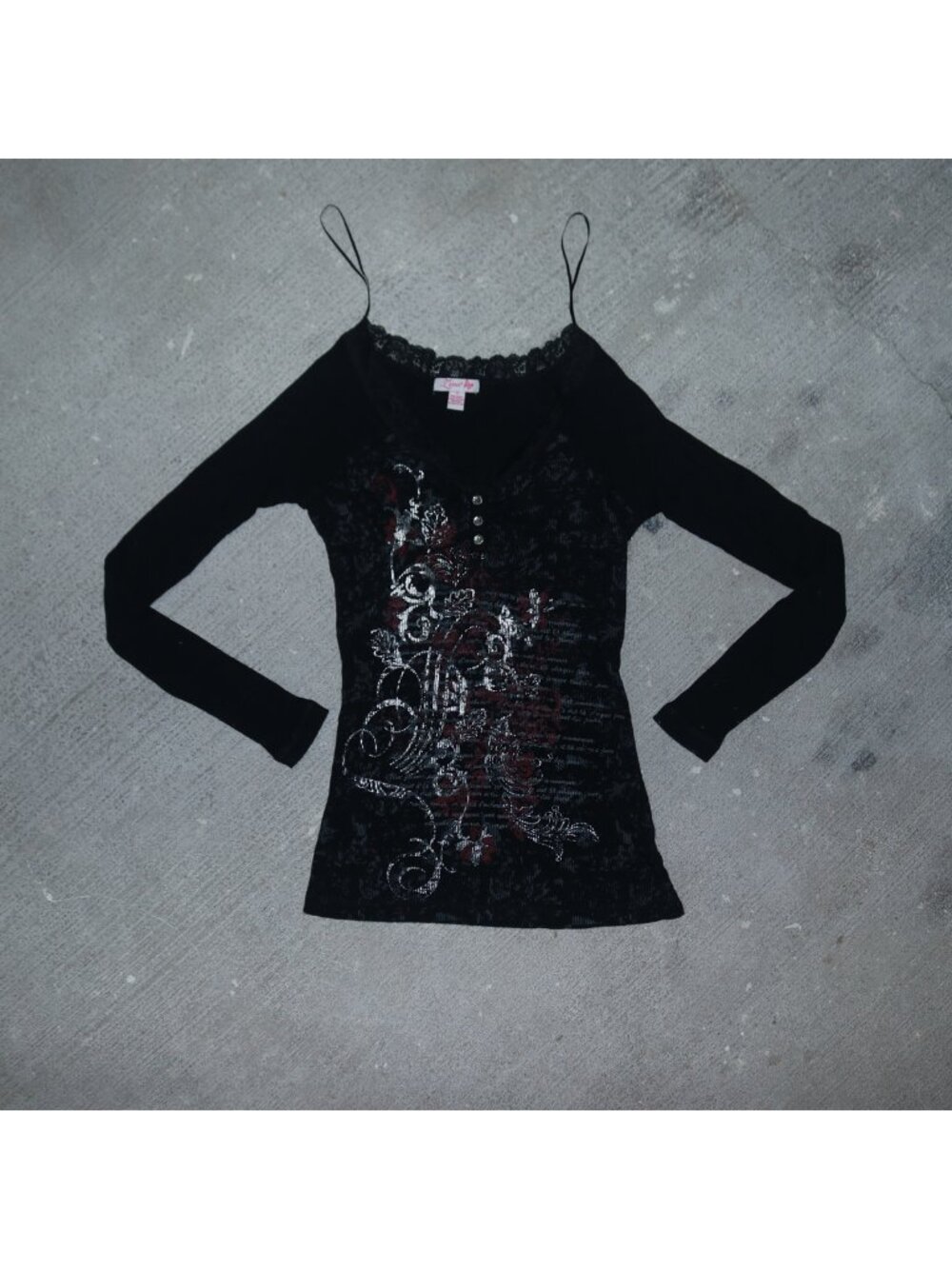 Lena Lace Trim Graphic Henley Long Sleeve T-Shirt Black Small